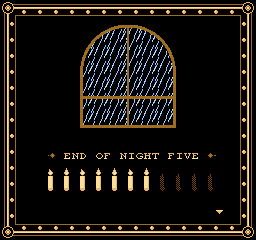 A rain-streaked window over a row of candles: the end of night five.